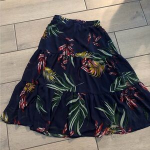 Japna Navy Tropical Tiered Maxi Skirt with Green & Red Leaf Print